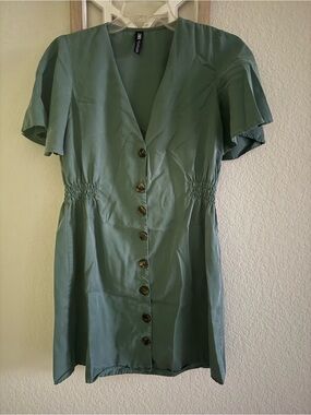 Zara Sage Green Flutter-Sleeve Smocked-Waist Dress
